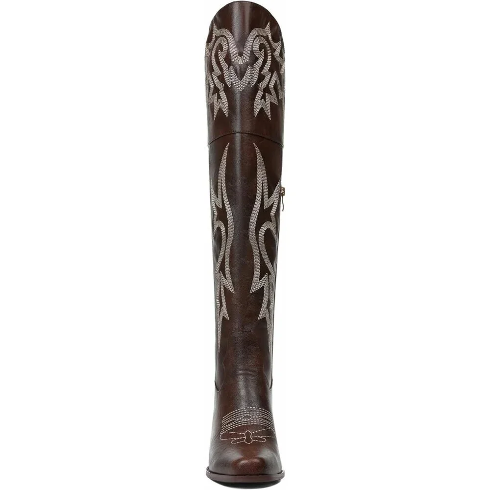 Women Dark Brown Pu Polyurethane Embroidered Pointed Toe Chunky Heels Tall Boots
